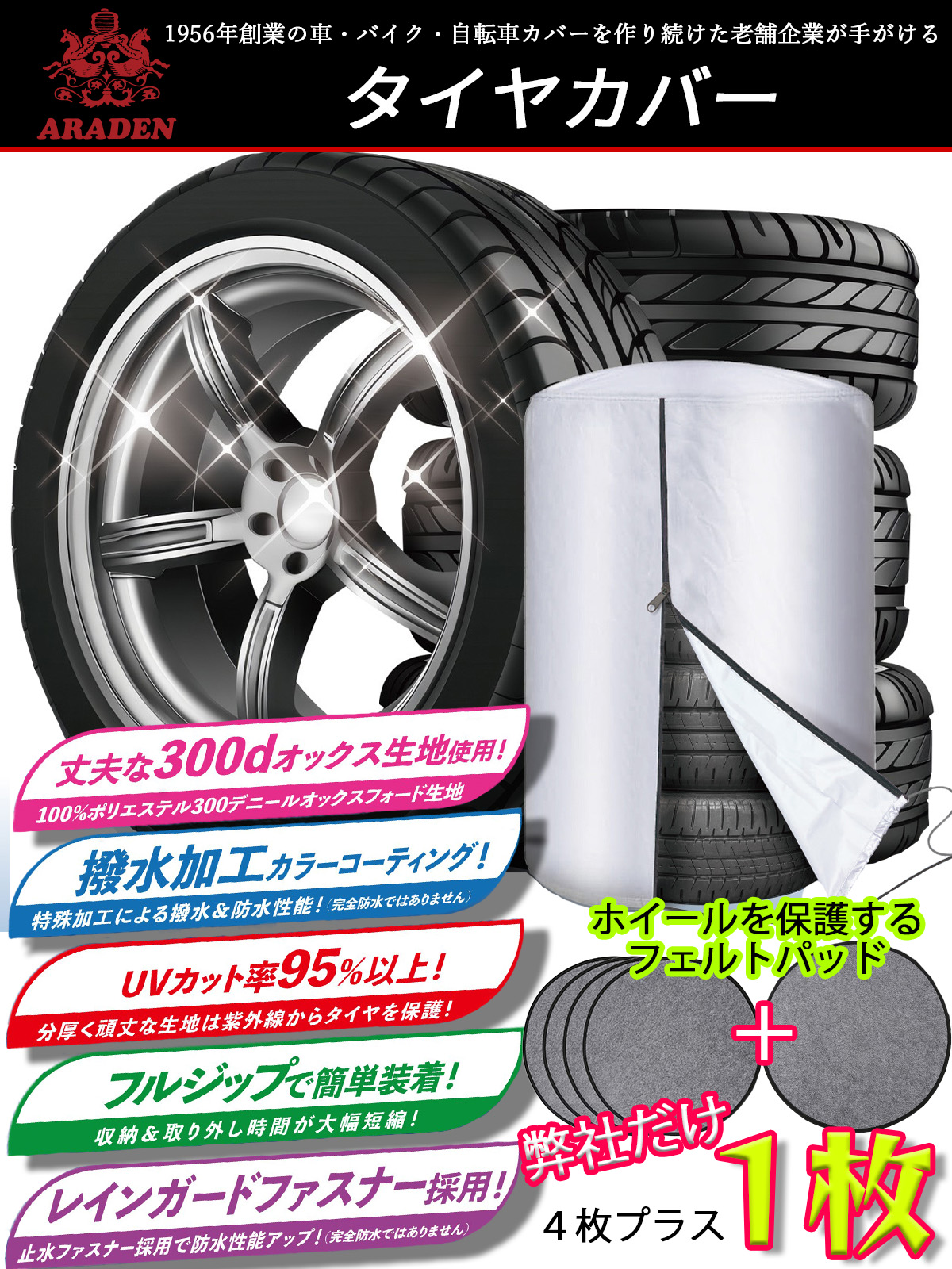 タイヤカバー 300D 4本収納用 1枚入 パッド5枚付き ブラック Lサイズ